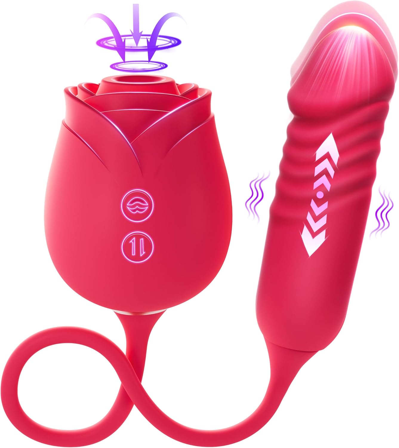 Rose Vibrator Dildo – Thrusting G-Spot, 10 Sucking Modes, Double-Ended for Clitoral, Nipple & Anal Stimulation