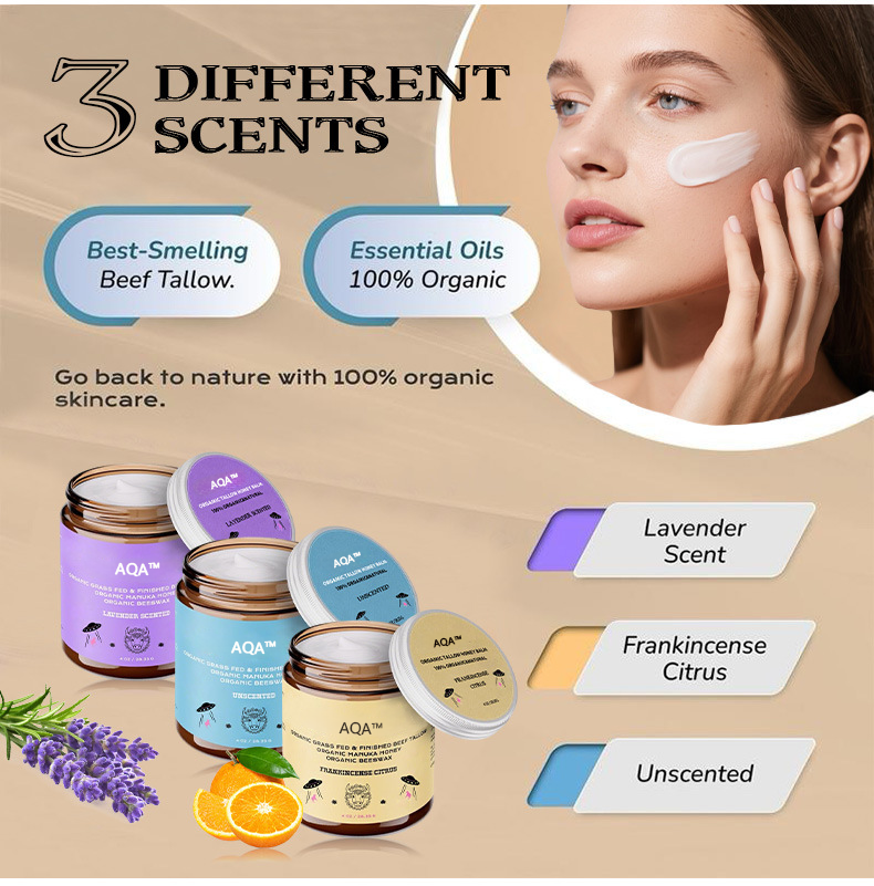 Organic Beef Tallow, Manuka Honey & Beeswax Balm 4oz Natural Face & Body Moisturizer Skin Care Frankincense, Lavender, Unscented, Hydrating