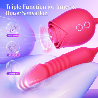 Rose Vibrator Dildo – Thrusting G-Spot, 10 Sucking Modes, Double-Ended for Clitoral, Nipple & Anal Stimulation